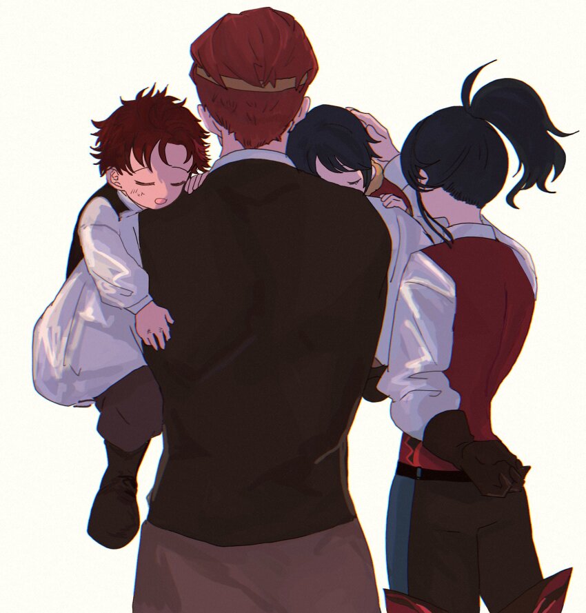 aged_down, alcryst_(fire_emblem), black_hair, brothers, carrying, carrying_person, diamant_(fire_emblem), father_and_child, father_and_son, fire_emblem, fire_emblem_engage, from_behind, headpat, highres, morion_(fire_emblem), mother_and_child, mother_and_son, nintendo, parent_and_child, ponytail, red_eyes, sasaki_(dkenpisss), siblings, sleeping, white_background