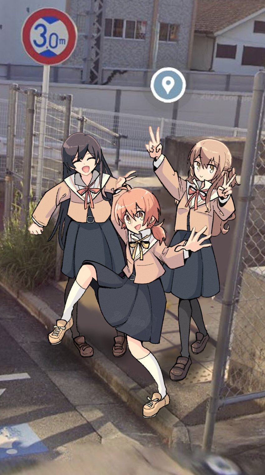 3girls, absurdres, black_hair, black_pantyhose, black_skirt, brown_eyes, brown_footwear, brown_hair