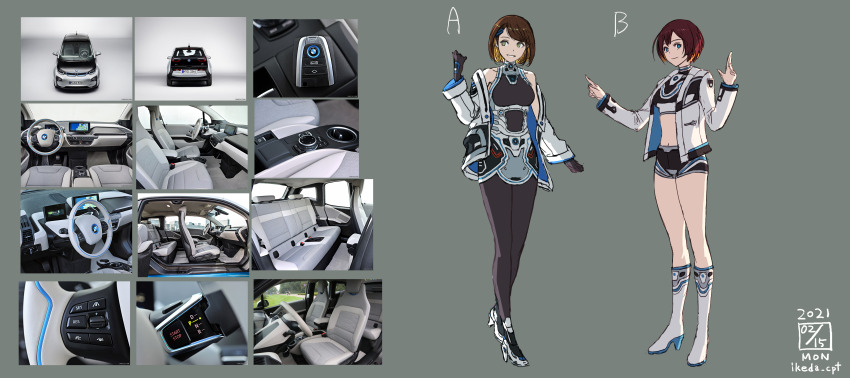 2021, 2girls, absurdres, black_bodysuit, black_footwear, black_shirt, black_skirt, bmw, bmw_i3, bodysuit, boots, brown_hair, car, cropped_shirt, grey_background, grey_eyes, high_heel_boots, high_heels, highres, ikeda_(cpt), jacket, looking_to_the_side, midriff, motor_vehicle, multiple_girls, navel, original, parted_lips, personification, photo_inset, pointing, reference_inset, shirt, skirt, smile, vehicle_and_personification, white_footwear, white_jacket