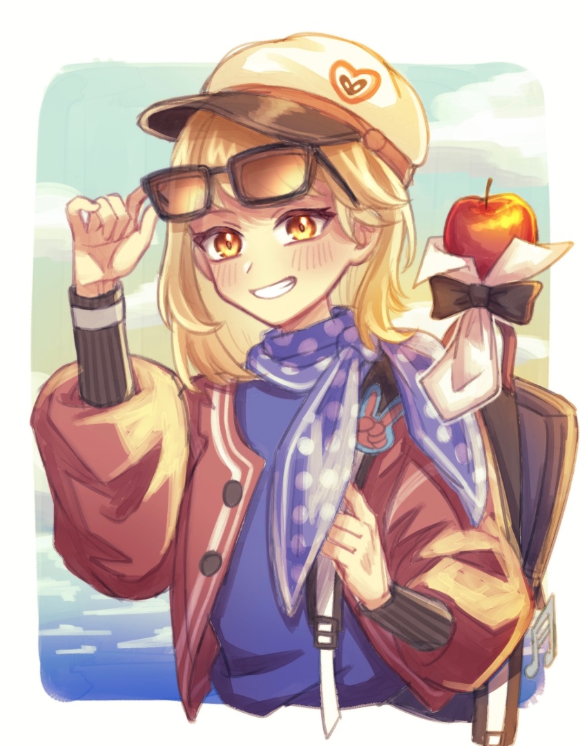 1girl, 39999m, adjusting_eyewear, apple, apple_(reverse:1999), backpack, bag, beamed_sixteenth_notes