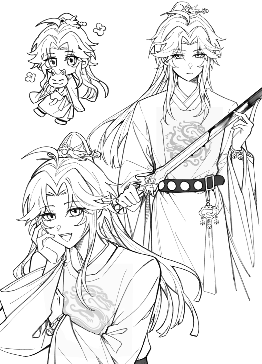 1boy, absurdres, alternate_costume, alternate_hairstyle, animal, artist_request, bell, blood