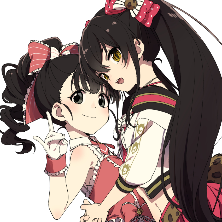 2girls, agejo_gyaru, alternate_hairstyle, animal_print, bare_shoulders, black_eyes, black_hair, blush