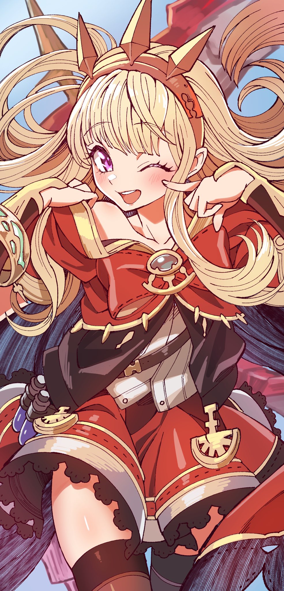 1girl, blonde_hair, bracer, cagliostro_(granblue_fantasy), cape, cheek_poking, crown, granblue_fantasy