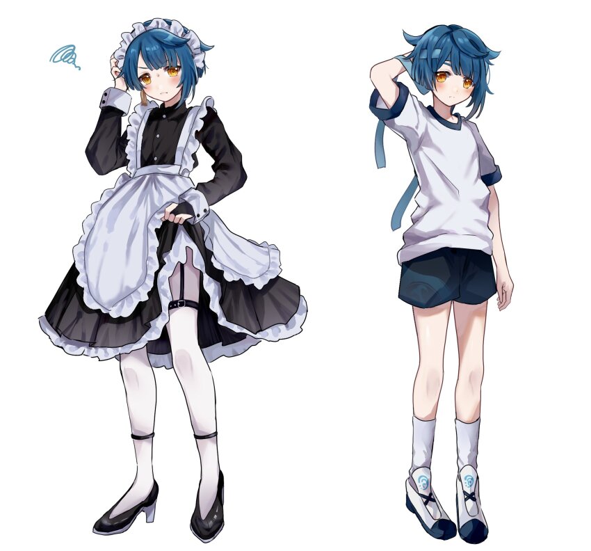 1boy, alternate_costume, apron, black_dress, black_footwear, blue_hair, blush, closed_mouth