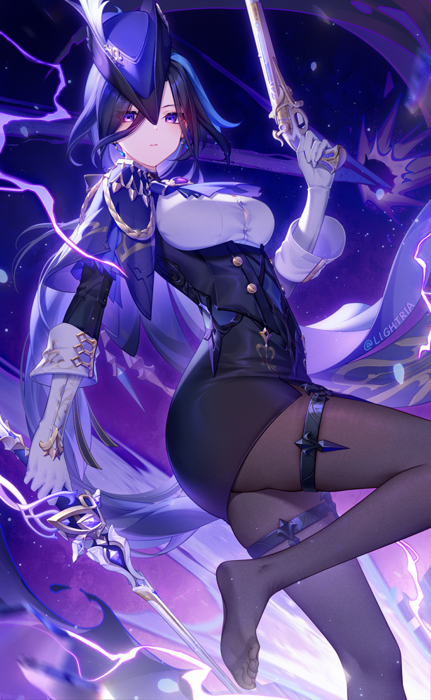 1girl, absolution_(genshin_impact), ascot, black_hair, black_skirt, breasts, cape, clorinde_(genshin_impact)