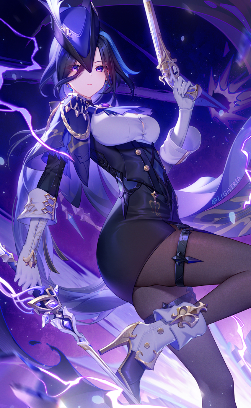 1girl, absolution_(genshin_impact), ascot, black_hair, black_skirt, breasts, cape, clorinde_(genshin_impact)