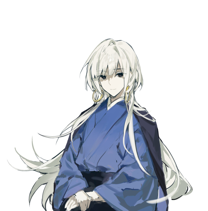 1boy, black_eyes, blue_kimono, call_of_cthulhu, chinese_commentary, closed_mouth, commentary_request, earrings