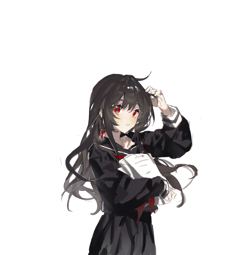 1girl, black_serafuku, black_shirt, black_skirt, brown_hair, call_of_cthulhu, chinese_commentary, commentary_request