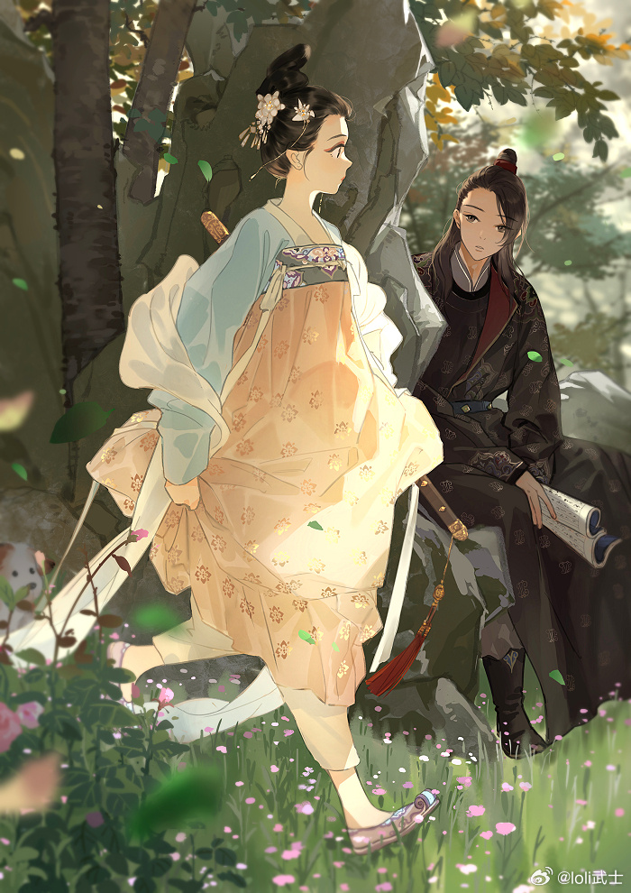 1boy, 1girl, black_hair, book, boots, chinese_clothes, flower, grass