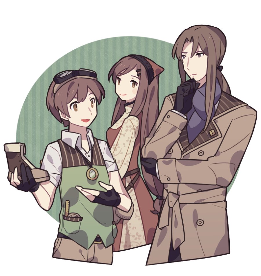 1girl, 2boys, altena_(fire_emblem), arion_(fire_emblem), black_gloves, boots, border, brown_coat