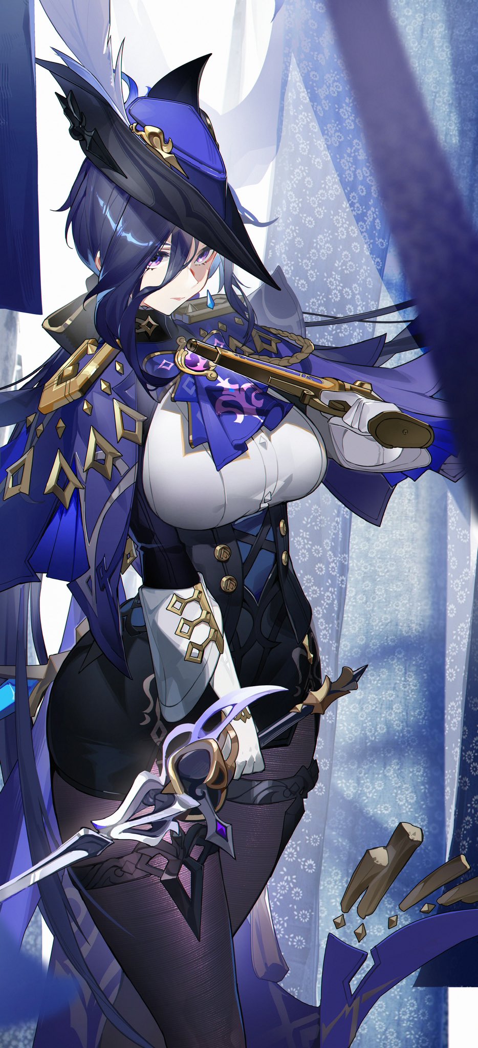 1girl, absolution_(genshin_impact), ascot, black_hat, black_pantyhose, black_skirt, blue_ascot, blue_hair