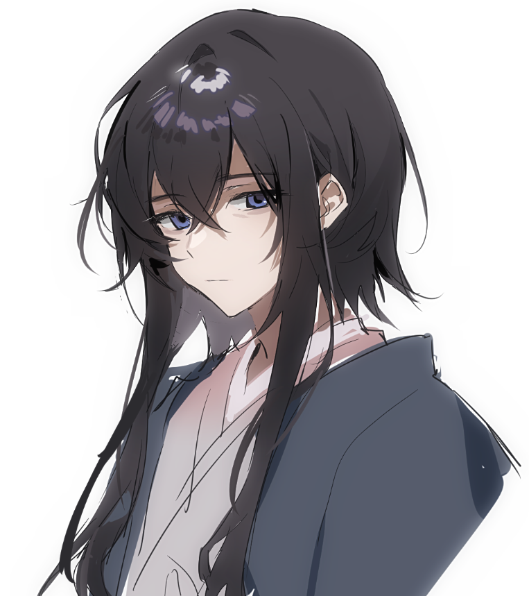 1boy, :|, black_hair, blue_eyes, blue_jacket, call_of_cthulhu, closed_mouth, hair_between_eyes
