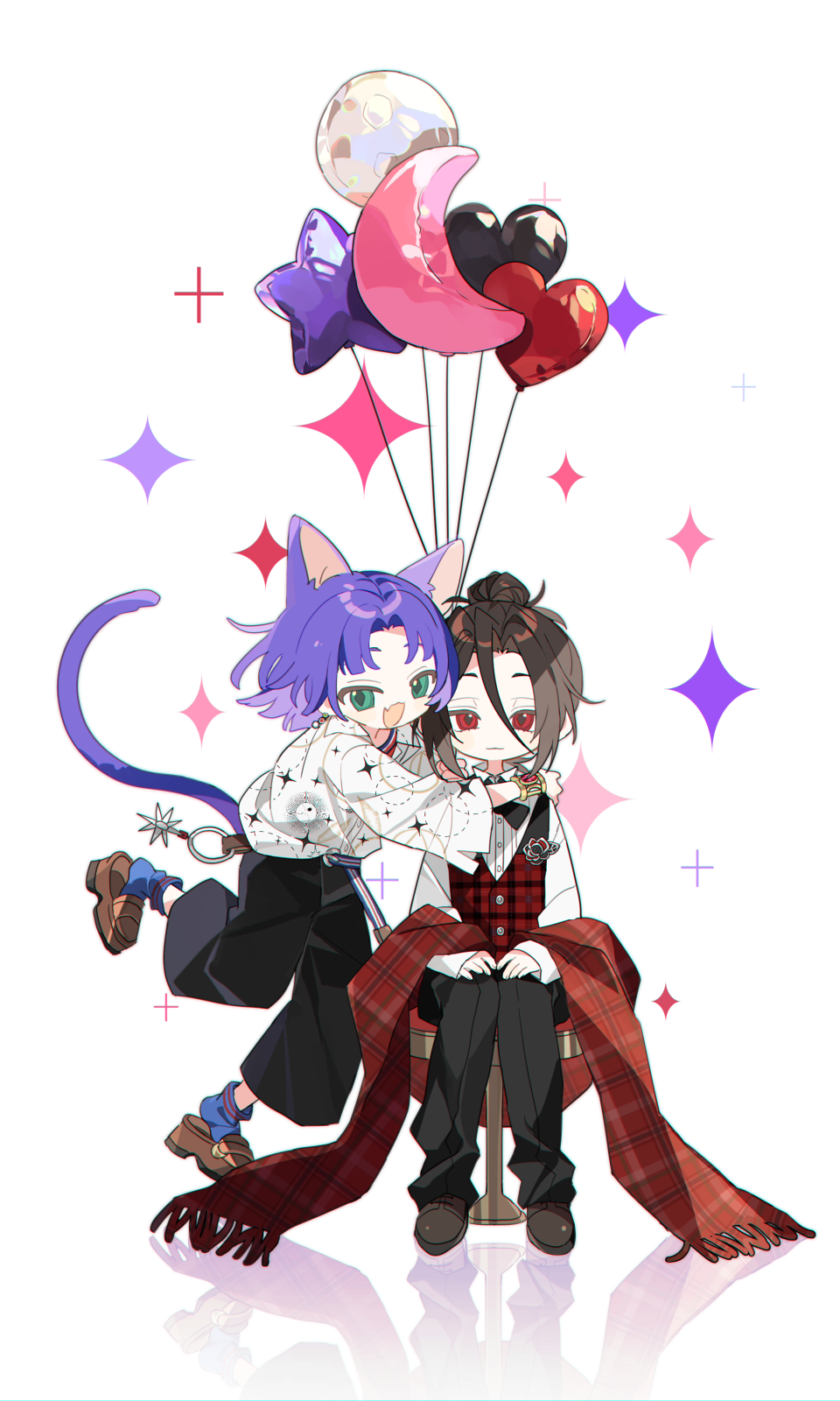 2boys, animal_ears, balloon, belt, black_bow, black_bowtie, black_pants, blue_socks