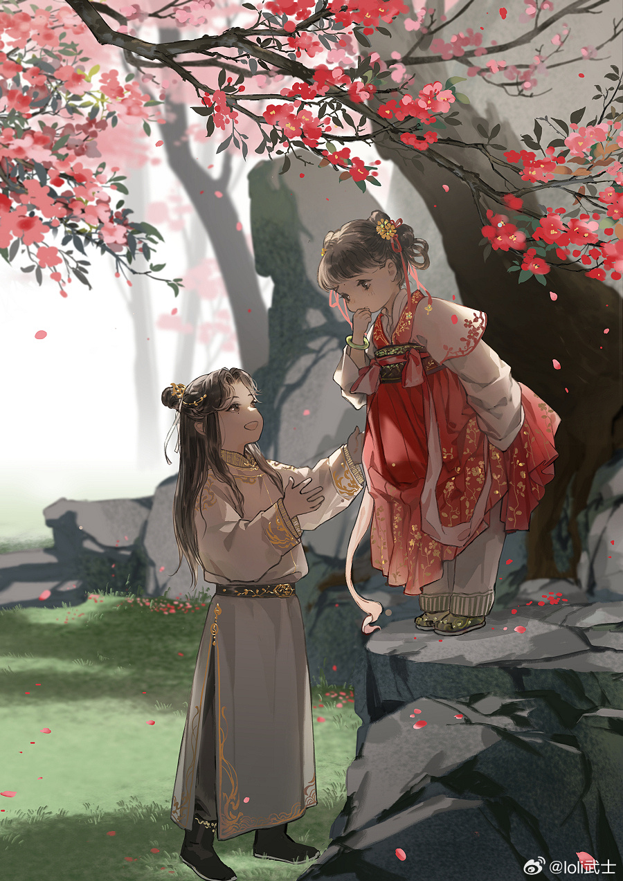 1girl, 2girls, black_footwear, black_hair, brown_hair, child, chinese_clothes, dress, flower, grass, hair_bun, hair_ornament, hair_rings, hanfu, highres, loli_bushi, long_hair, long_sleeves, looking_at_another, multiple_girls, original, outdoors, peach_blossom, petals, qixiong_ruqun, rock, ruqun, shuangyaji, smile, standing, topknot, tree, watermark, weibo_watermark, yuanlingshan