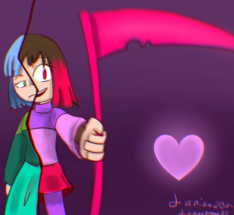 2girls, amber_lightvale, artist_request, bete_noire, blue_hair, brown_hair, chromatic_aberration, glitchtale