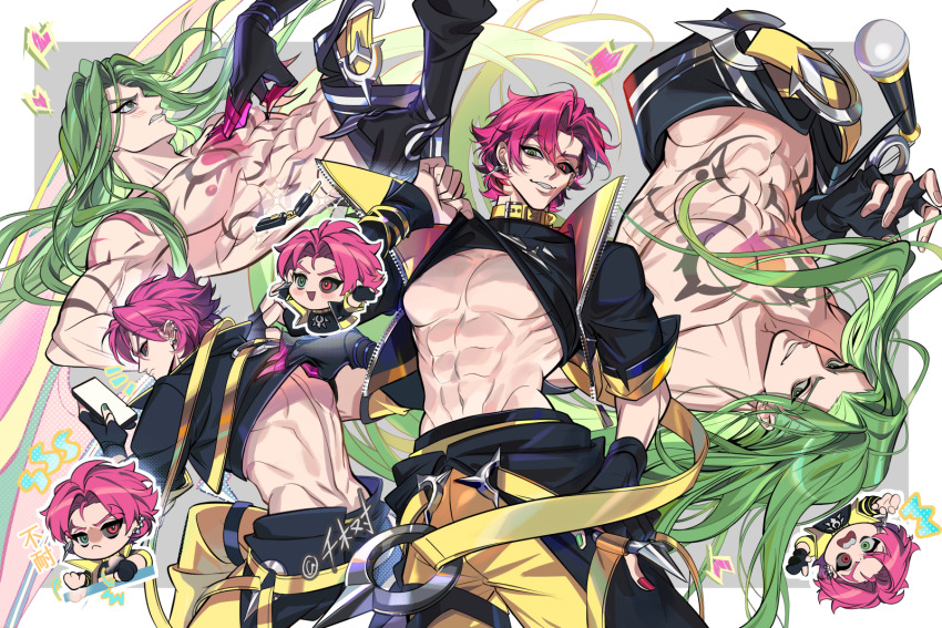 2boys, ^^^, abs, back, belt, belt_buckle, belt_collar, bishounen