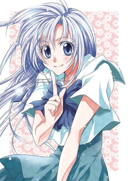 1girl, blue_eyes, blue_hair, bow, female_focus, finger_to_mouth, floating_hair, hand_to_own_mouth