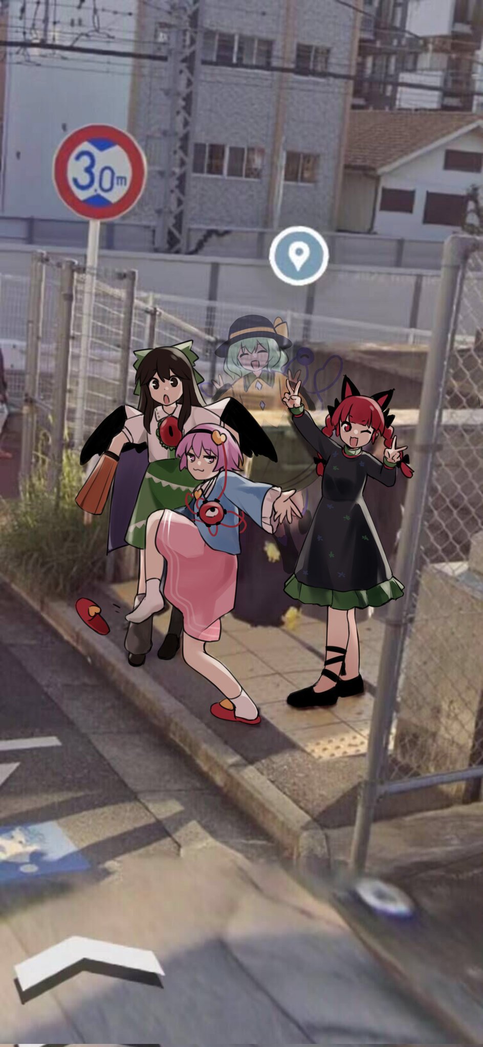 4girls, ;3, ;d, animal_ears, asymmetrical_legwear, black_footwear, black_hair, black_hairband, black_hat, black_wings, blue_shirt, bow, cape, cat_ears, cat_girl, commentary_request, double_v, dress, google_street_view, green_bow, green_dress, green_hair, green_skirt, hair_bow, hairband, hat, hat_ribbon, heart, high_school_girls_posing_for_google_street_view_(meme), highres, kaenbyou_rin, komeiji_koishi, komeiji_satori, long_hair, long_sleeves, looking_at_viewer, meme, mismatched_legwear, multiple_girls, one_eye_closed, open_mouth, outdoors, pink_skirt, red_eyes, red_hair, reiuji_utsuho, ribbon, shirt, short_hair, sidelocks, skirt, slippers, smile, socks, standing, standing_on_one_leg, third_eye, touhou, utsuro114514, v, white_socks, wings