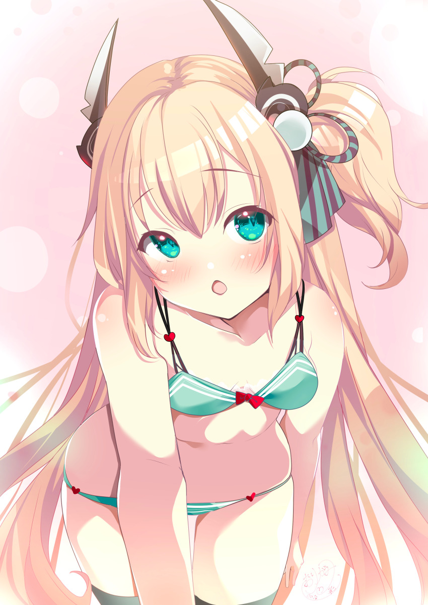 1girl, absurdres, azur_lane, bare_shoulders, bent_over, black_thighhighs, blonde_hair, blush