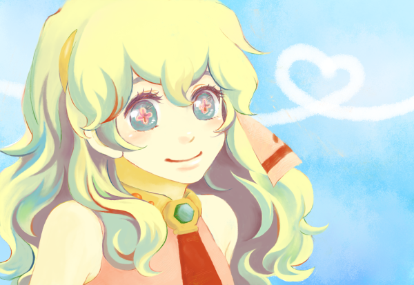 1girl, bare_shoulders, blue_background, blush, cross-shaped_pupils, curly_hair, eyelashes, flower-shaped_pupils, hair_between_eyes, hair_ornament, heart, jewelry, multicolored_hair, necktie, nia_teppelin, simple_background, smile, solo, symbol-shaped_pupils, takako, tengen_toppa_gurren_lagann, two-tone_hair