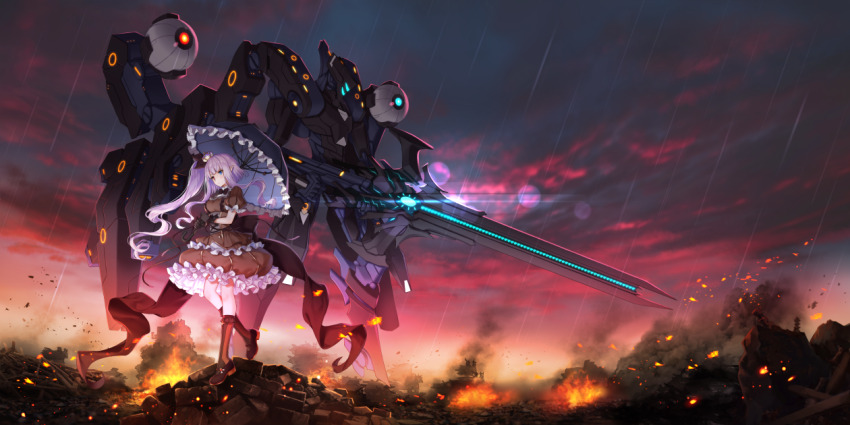 1girl, 1other, ashes, back_ribbon, black_bow, black_dress, black_footwear, black_gloves