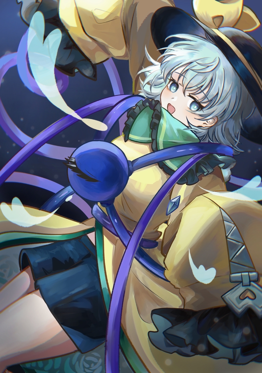 1girl, adapted_costume, black_hat, black_pants, blue_eyes, boombi, bow, eyeball, grey_hair, hat, hat_bow, hat_ribbon, heart, heart_of_string, highres, komeiji_koishi, open_mouth, pants, ribbon, robe, short_hair, solo, third_eye, touhou, zipper