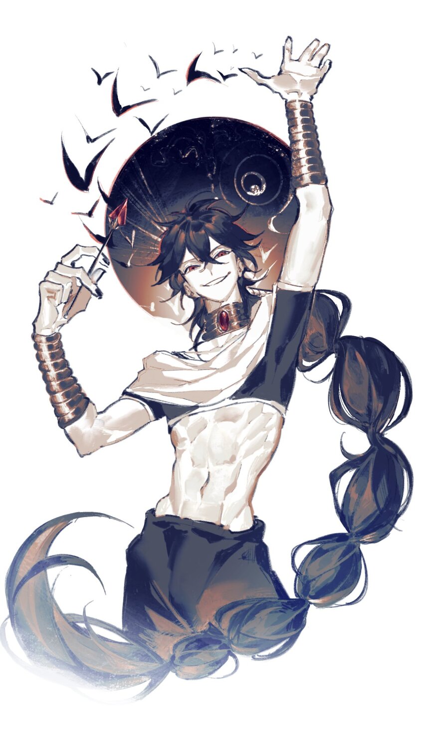 1boy, abs, arabian_clothes, black_hair, black_nails, black_rukh_(magi), bracer, braid