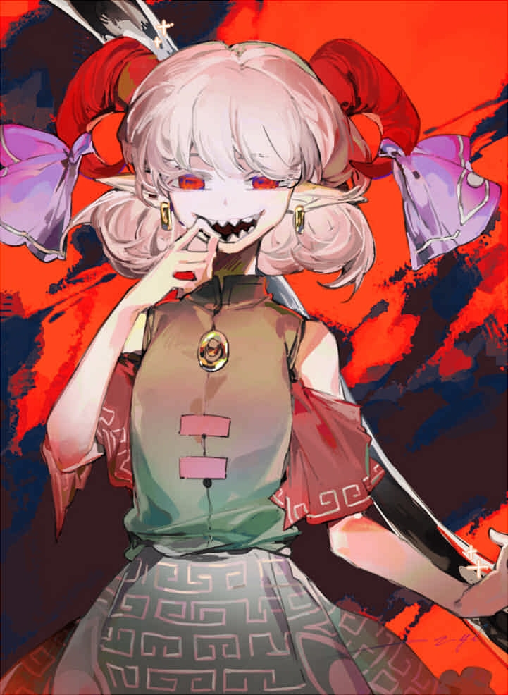 1girl, curly_hair, eye_print, holding, holding_spork, horizontal_pupils, horn_ornament, horn_ribbon, horns, meandros, open_mouth, patterned_clothing, rectangular_pupils, red_horns, red_sleeves, ribbon, sharp_teeth, sheep_horns, short_hair, solo, spork, teeth, touhou, toutetsu_yuuma, upper_body, upper_teeth_only, zxzy520