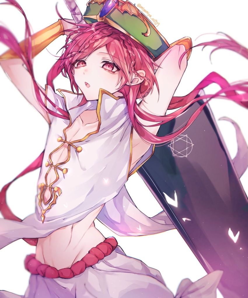 1boy, :o, arms_up, bracer, braid, chinese_clothes, chinese_hat, hat, highres, holding, holding_sword, holding_weapon, huge_weapon, long_hair, magi_the_labyrinth_of_magic, male_focus, midriff_peek, miyamiya_nii, occult, pink_eyes, pink_hair, ren_kouha, shirt, simple_background, sleeveless, sleeveless_shirt, solo, sword, trap, weapon, white_background, white_shirt