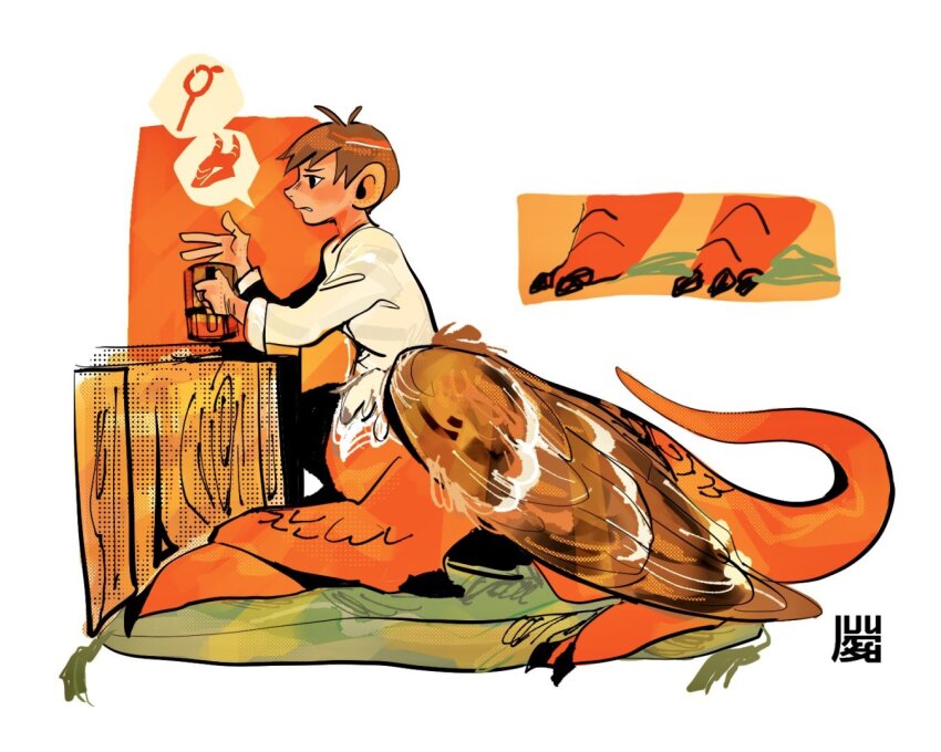 1boy, beer_mug, black_eyes, brown_hair, brown_wings, bxnke, centauroid, chilchuck_tims