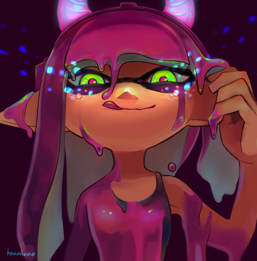 1girl, :q, arm_up, artist_name, bare_shoulders, black_tank_top, blunt_bangs, breasts