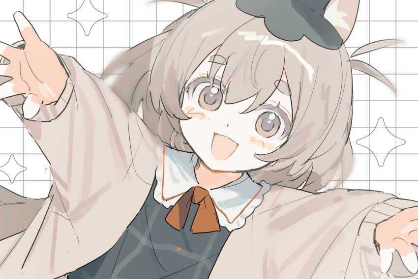 1girl, :d, animal_ear_fluff, animal_ears, blush, blush_stickers, brown_eyes, brown_hair