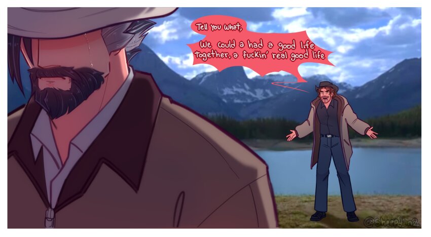 2boys, alternate_costume, bara, beard, blurry, brokeback_mountain, brown_hair, cassidy_(overwatch)