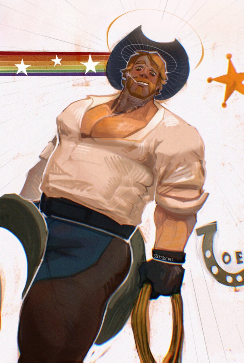 1boy, bara, beard, brown_hair, covered_erect_nipples, cowboy_hat, cowboy_western, crotchless