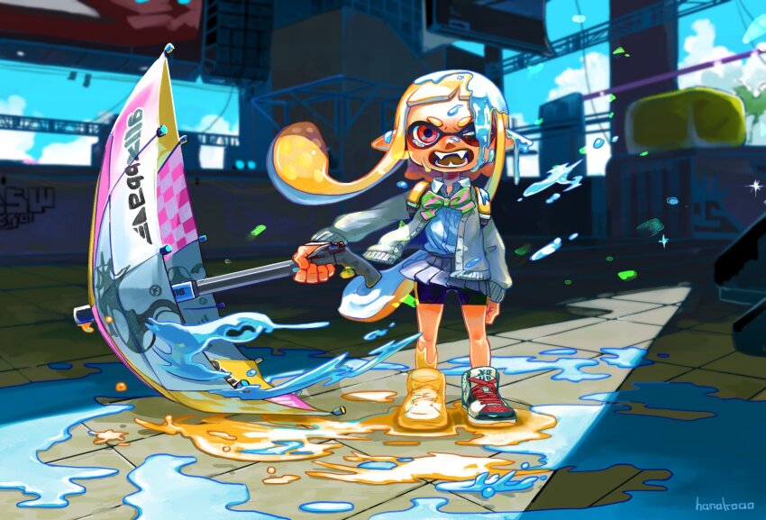 1girl, angry, artist_name, bike_shorts, bike_shorts_under_skirt, black_shorts, blonde_hair, bow