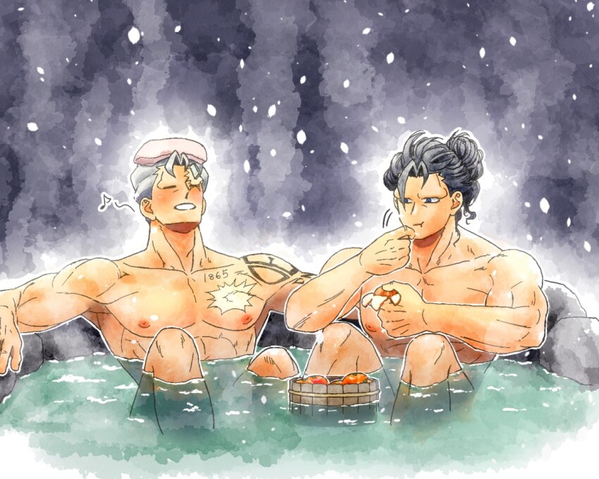 2boys, abs, andy_(undead_unluck), bara, bathing, character_request, cowboy_shot, grey_hair
