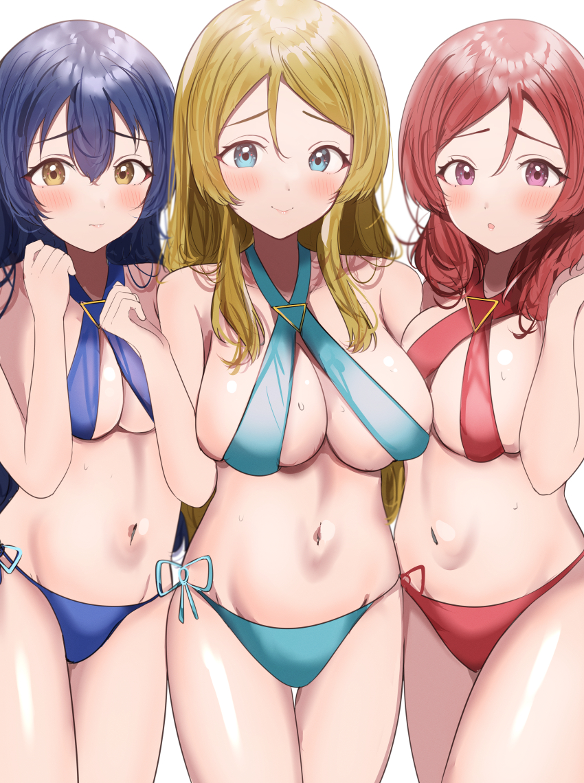 3girls, :o, absurdres, aqua_bikini, ayase_eli, bikini, blonde_hair, blue_bikini