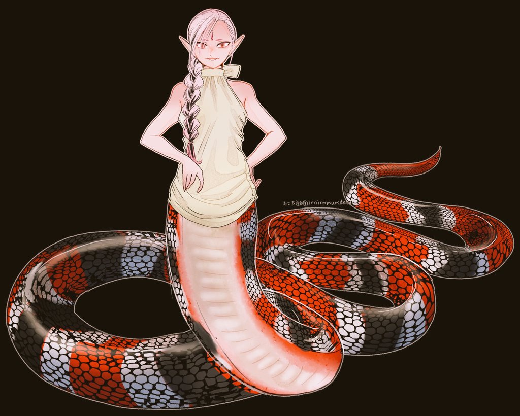 1girl, bare_arms, bare_shoulders, black_background, black_scales, blonde_hair, braid, braided_ponytail