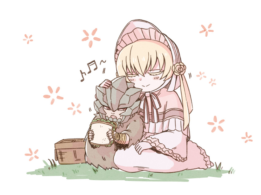 1boy, 1girl, absurdres, blush, blush_stickers, bonnet, closed_eyes, closed_mouth