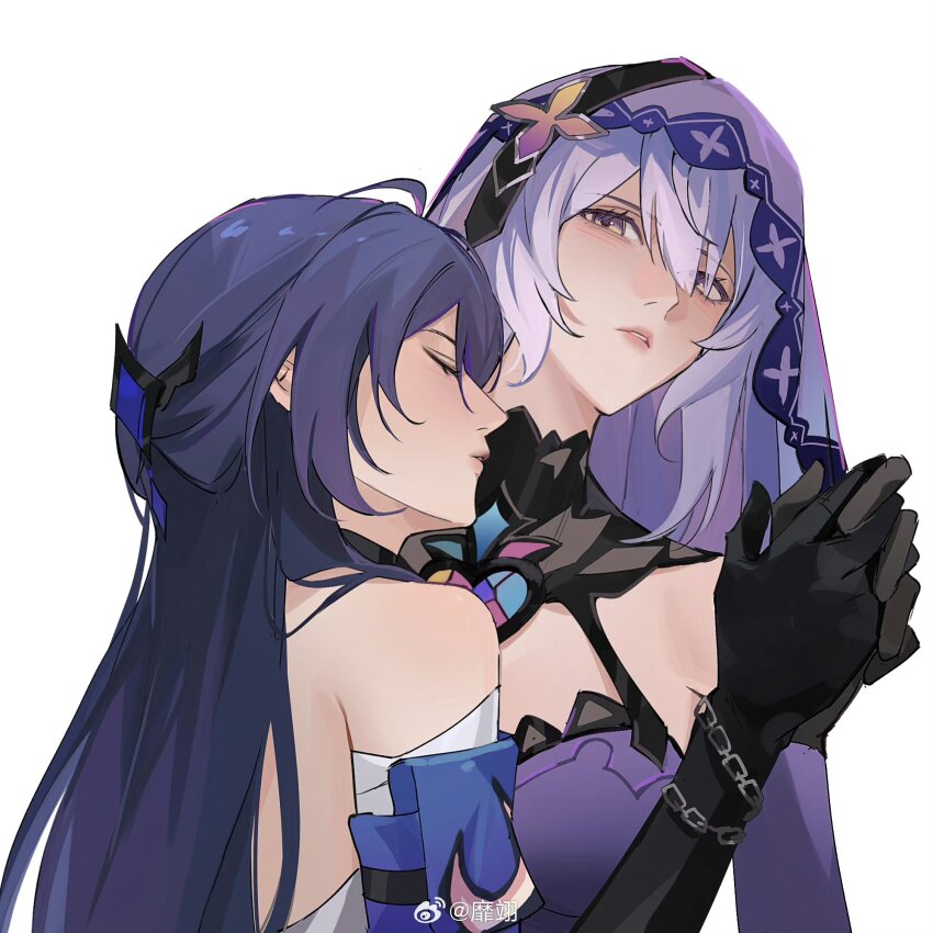 2girls, acheron_(honkai:_star_rail), bandaged_arm, bandages, bare_shoulders, black_choker, black_swan_(honkai:_star_rail), blush