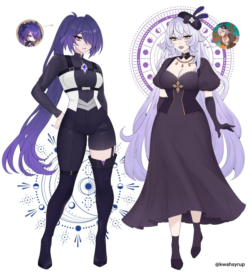 2girls, absurdres, acheron_(ambush)_(honkai:_star_rail), acheron_(honkai:_star_rail), asymmetrical_pants, black_dress, black_footwear, black_gloves