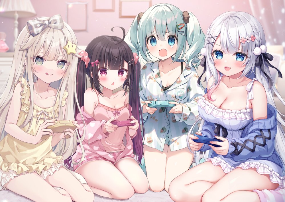 4girls, :d, :q, bare_shoulders, black_bow, black_hair, bloomers, blue_eyes, blue_hair, blue_jacket, blurry, blurry_background, blush, bow, braid, breasts, camisole, character_request, cleavage, collaboration_request, collarbone, collared_shirt, commentary_request, controller, depth_of_field, dress, dress_shirt, fang, game_controller, gradient_hair, grey_eyes, grey_hair, hair_bow, hair_ornament, hairclip, holding, hoshi_(snacherubi), indie_virtual_youtuber, jacket, kneehighs, long_hair, long_sleeves, medium_breasts, mitsuba_choco, mitsuba_choco_(vtuber), mole, mole_under_eye, multicolored_hair, multiple_girls, off_shoulder, open_clothes, open_jacket, open_mouth, pink_camisole, pink_hair, pink_jacket, plaid_bow, puffy_long_sleeves, puffy_sleeves, purple_hair, shirt, short_shorts, shorts, sitting, sleeveless, sleeveless_dress, sleeves_past_wrists, smile, socks, star_(symbol), star_hair_ornament, streaked_hair, striped_clothes, striped_socks, suimya, suimya_(vtuber), teardrop, tongue, tongue_out, twintails, underwear, very_long_hair, virtual_youtuber, wavy_mouth, white_bloomers, white_dress, white_shirt, white_shorts, white_socks, x_hair_ornament, yellow_dress, yokozuwari