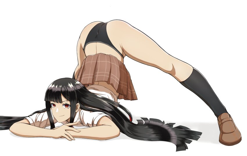 1girl, absurdres, ass, black_hair, black_panties, black_shoes, black_socks, brown_eyes, brown_skirt, commission, hands_on_ground, highres, jack-o'_challenge, kantou_rengou, loafers, long_hair, looking_at_viewer, miniskirt, nue_(nue_no_onmyouji), nue_no_onmyouji, own_hands_together, panties, school_uniform, shirt, shoes, short_sleeves, simple_background, skeb_commission, skirt, skirt_flip, smile, socks, solo, top-down_bottom-up, underwear, very_long_hair, white_background, white_shirt