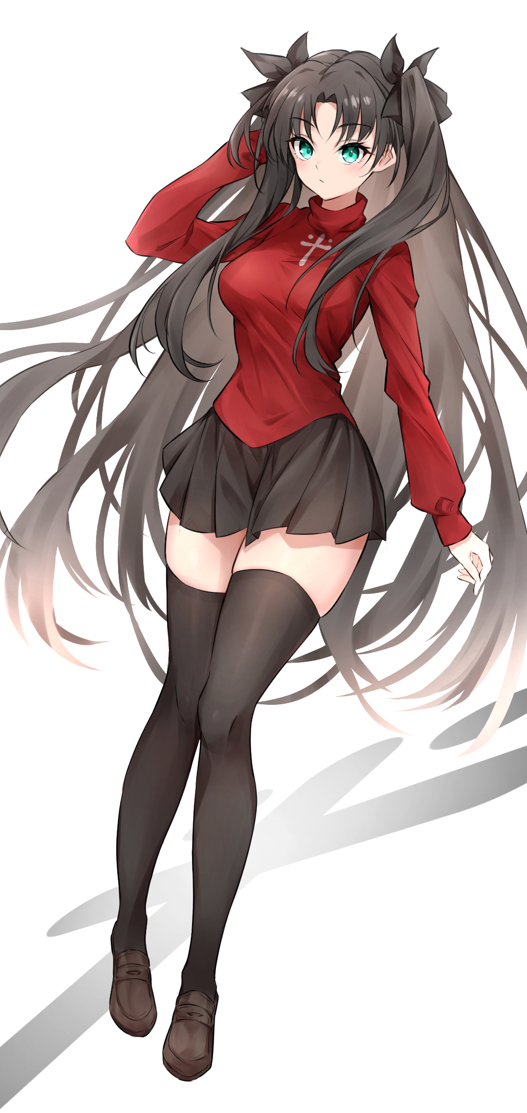 1girl, aqua_eyes, arm_up, black_hair, black_skirt, black_thighhighs, breasts, commentary_request