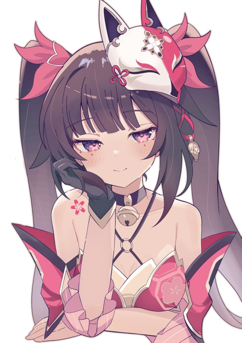 1girl, bare_shoulders, bell, black_choker, black_gloves, breasts, brown_hair, chest_tattoo