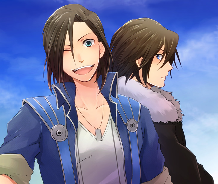 1990s_(style), 2boys, age_difference, bad_id, bad_pixiv_id, dissidia_012_final_fantasy, dissidia_final_fantasy, dog_tags