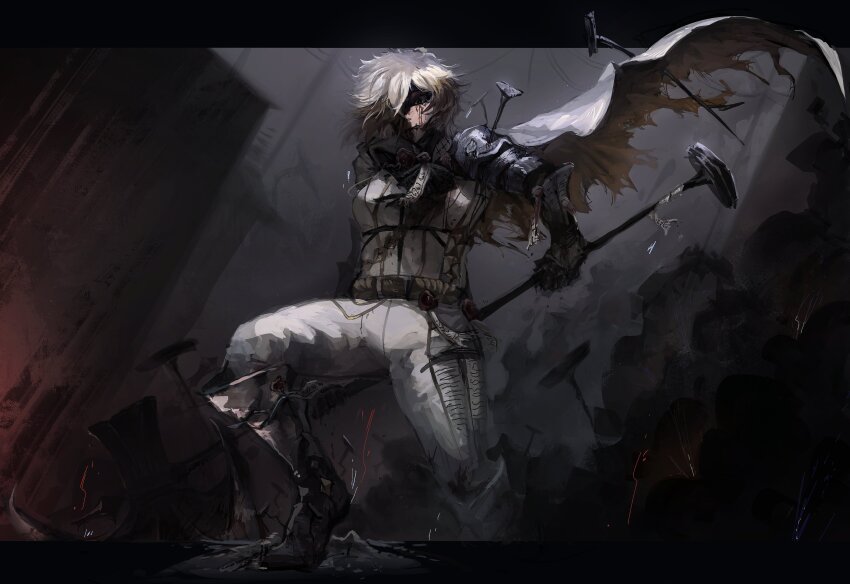 1boy, absurdres, blonde_hair, boots, cape, formal_clothes, full_body, gauntlets, halberd, highres, holding, holding_polearm, holding_weapon, limbus_company, lycanthix, male_focus, nail_(hardware), official_alternate_costume, pants, polearm, project_moon, short_hair, sinclair_(project_moon), solo, suit, weapon, white_pants, white_suit