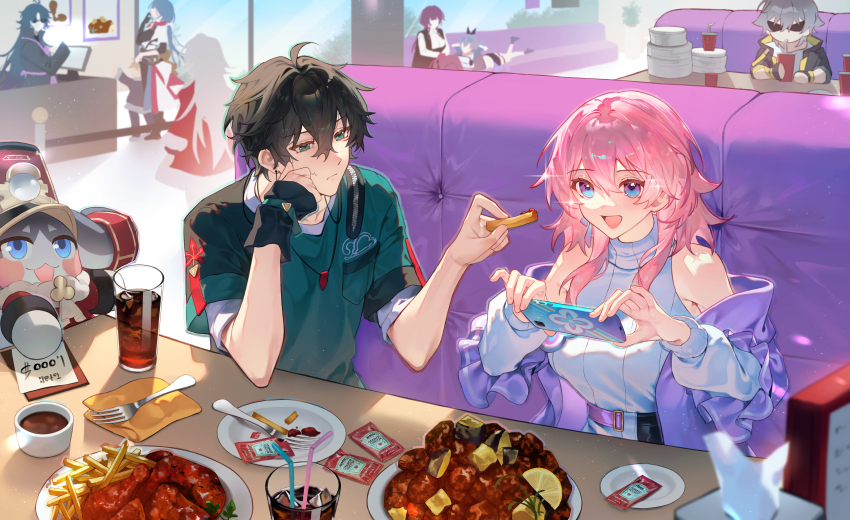 3boys, 5girls, :3, :d, absurdres, bare_shoulders, black_hair, blade_(honkai:_star_rail), blue_eyes, blue_hair, caelus_(honkai:_star_rail), chicken_(food), clara_(honkai:_star_rail), commentary, cup, dan_heng_(feast)_(honkai:_star_rail), dan_heng_(honkai:_star_rail), dress, drinking_glass, drinking_straw, english_commentary, food, french_fries, fruit, green_eyes, green_shirt, grey_eyes, highres, holding, holding_food, honkai:_star_rail, honkai_(series), jacket, kafka_(honkai:_star_rail), ketchup, lemon, lemon_slice, long_hair, march_7th_(feast)_(honkai:_star_rail), march_7th_(honkai:_star_rail), multiple_boys, multiple_girls, natasha_(honkai:_star_rail), off_shoulder, official_alternate_costume, open_mouth, pink_hair, plate, pom-pom_(honkai:_star_rail), purple_hair, purple_jacket, red_dress, shirt, short_sleeves, shotgunman, silver_wolf_(honkai:_star_rail), sleeveless, sleeveless_turtleneck, smile, sunglasses, table, tissue_box, trailblazer_(honkai:_star_rail), turtleneck, upper_body, white_dress