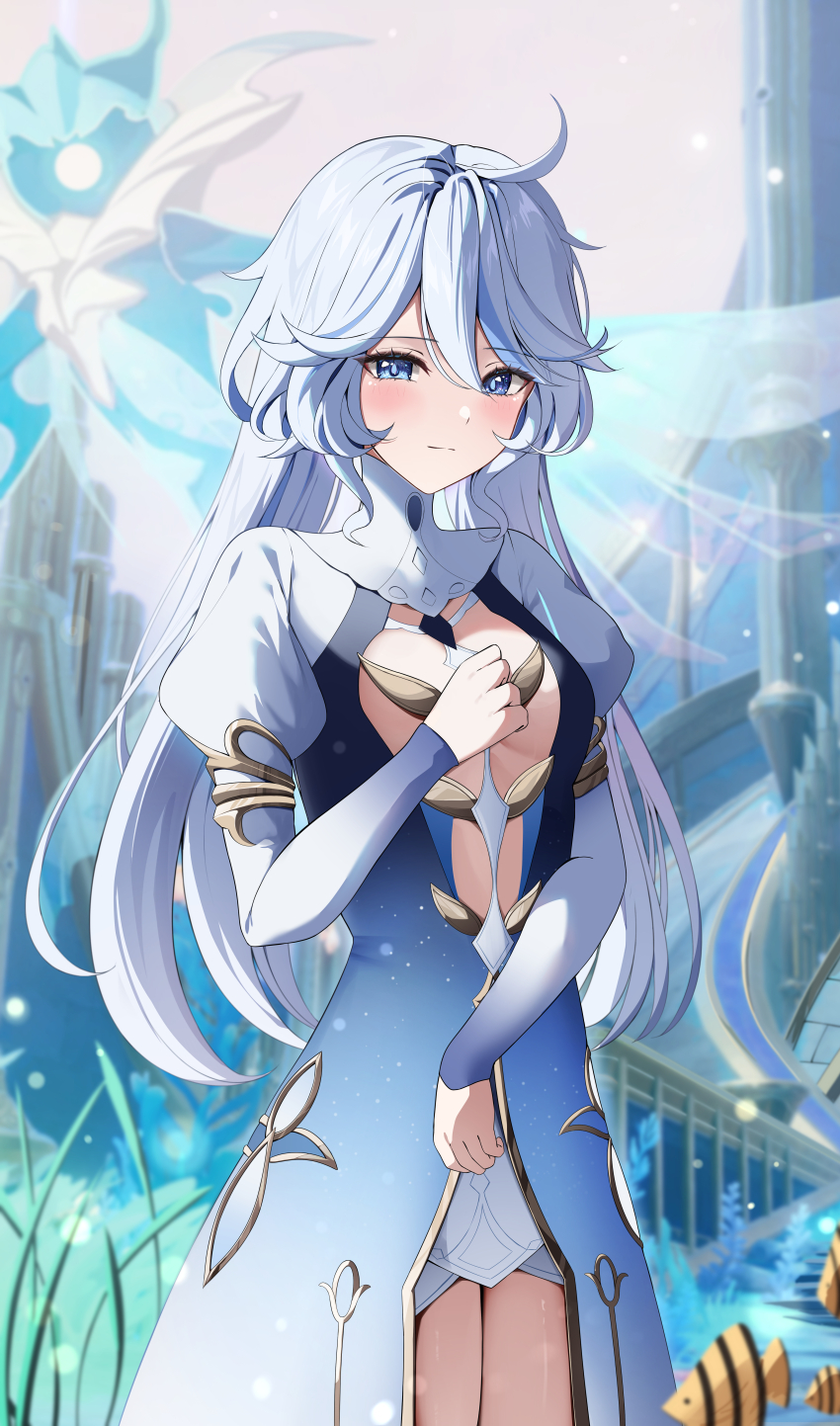 1girl, absurdres, ahoge, blue_dress, blue_eyes, blue_hair, blush, breasts