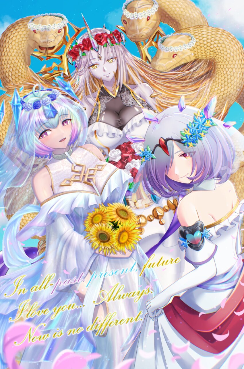 3girls, artist_collaboration, back, bare_shoulders, bouquet, bridal_veil, circlet, collar